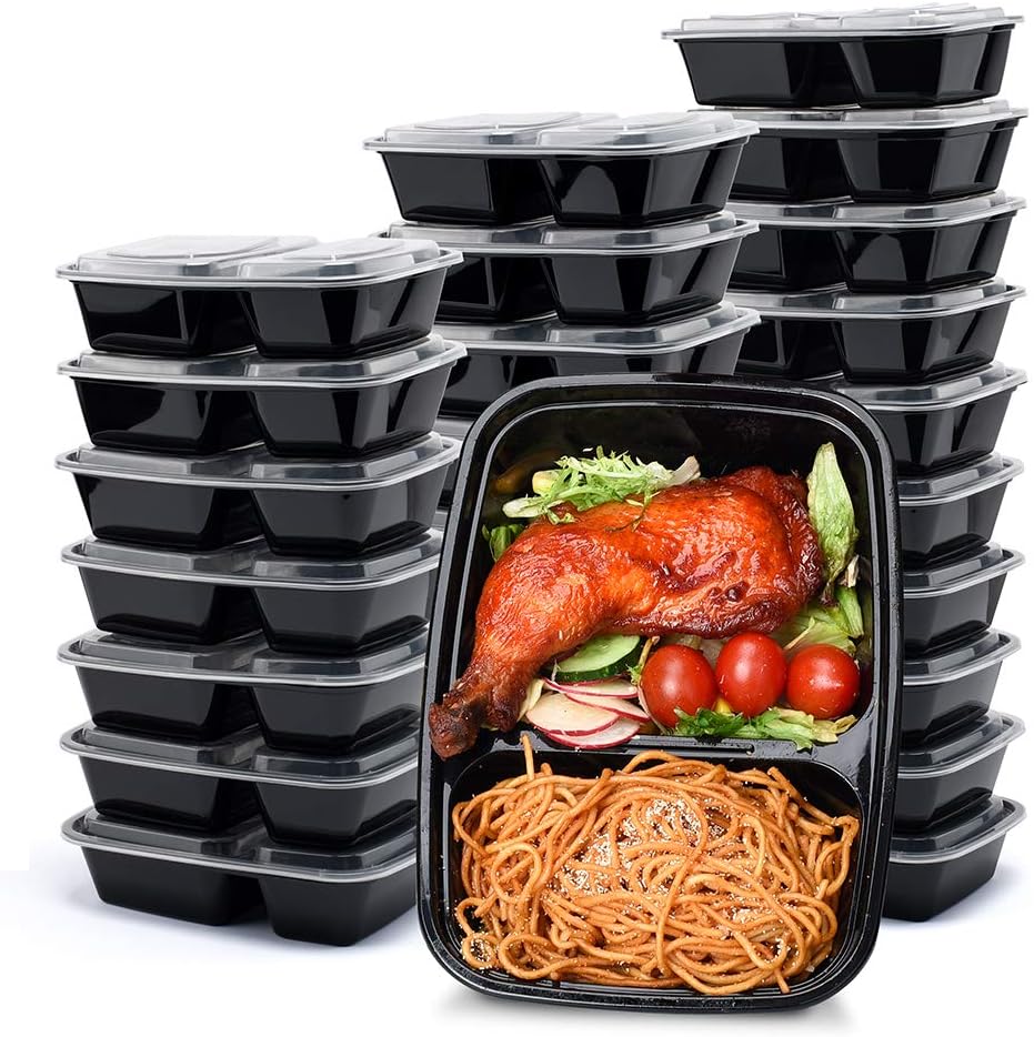 50 Pack 32OZ  Meal Prep Containers Reusable, 2 Compartment Food Containers with Lids