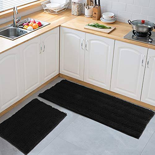 Delxo Black Kitchen Rug Sets,20X30+20X63 Microfiber Super Absorbent  Kitchen Rugs mats,Non Slip Washable 2 Pieces Kitchen Carpets and Rugs Set  in